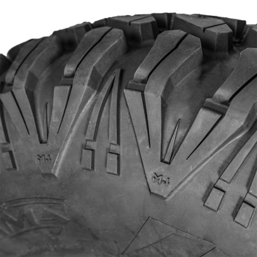 Close up detailed view of the tread pattern, lug design, and shoulder construction of the newest AMS M4 Evil all-terrain 8-ply radial UTV and Side-by-Side off road tire.