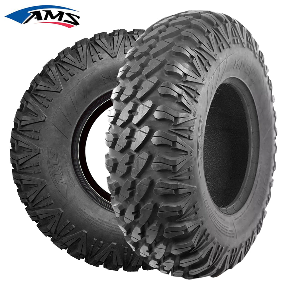 Main product photo of the AMS M4 Evil radial UTV and Side-by-Side All Terrain tire, 8-ply construction, with high traction, reinforced sidewalls, long wearing tread design, available in all popular sizes in 14" and 15" wheel diameters, all offered with free shipping.