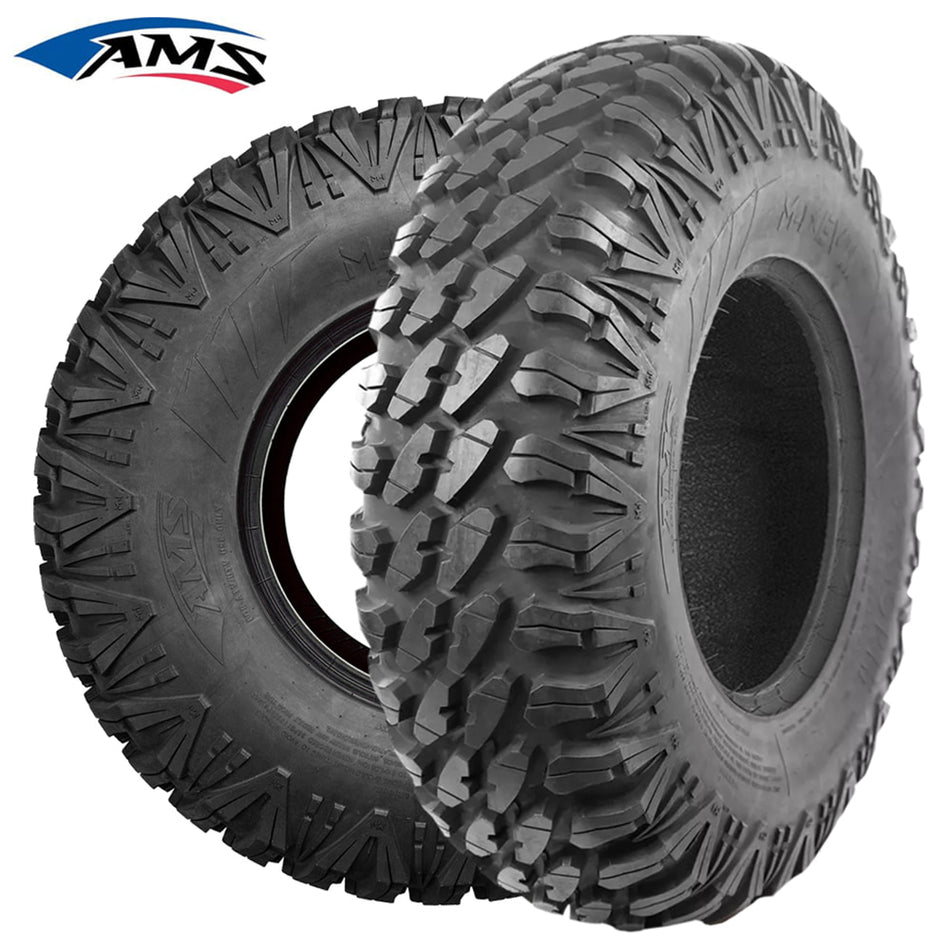 Main product photo of the AMS M4 Evil radial UTV and Side-by-Side All Terrain tire, 8-ply construction, with high traction, reinforced sidewalls, long wearing tread design, available in all popular sizes in 14" and 15" wheel diameters, all offered with free shipping.