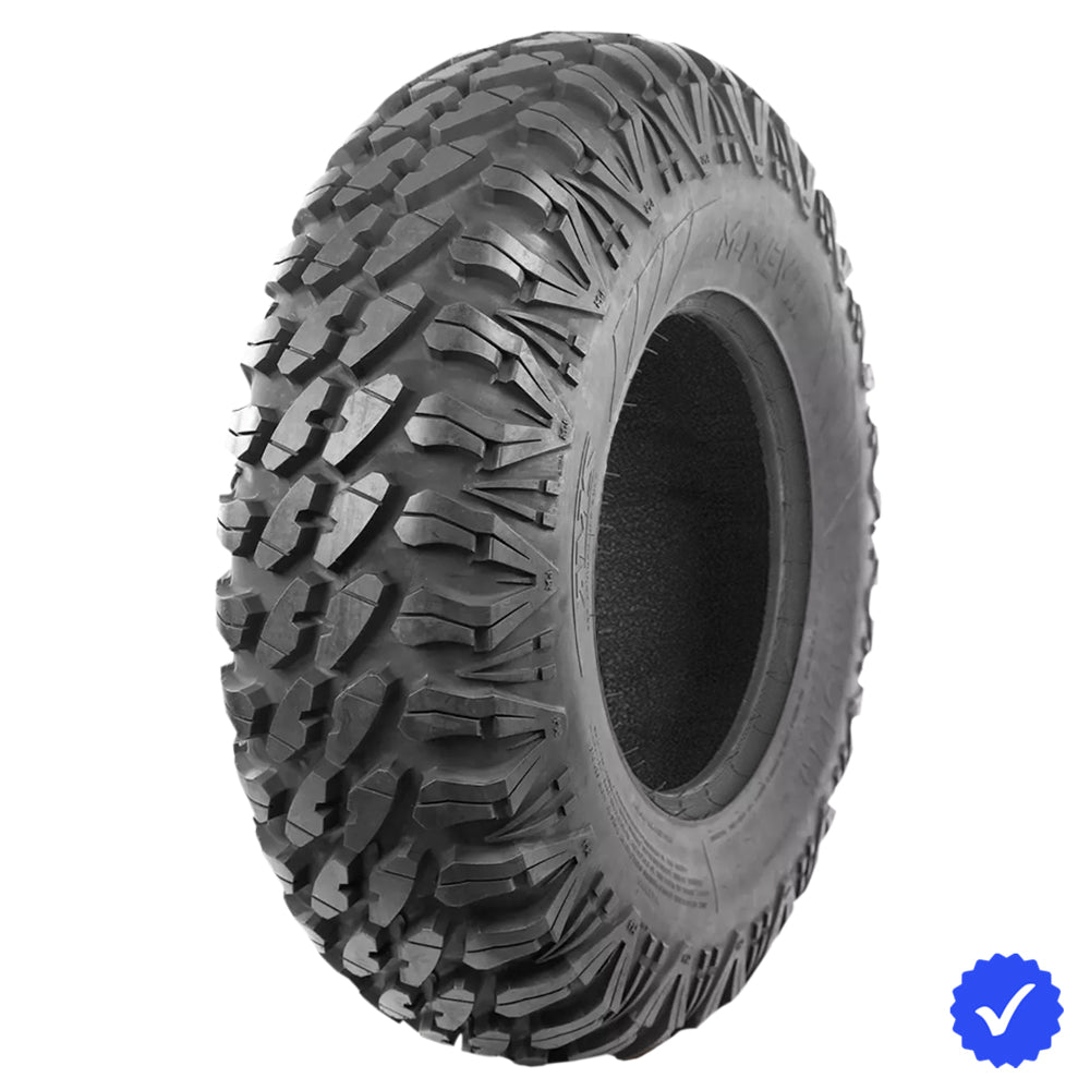 Angled view of the AMS M4 Evil all-terrain 8-ply Radial UTV and SXS tire, designed for high performance machines, featuring a smooth ride and rugged dependability, offered with free shipping from Ride or Die Tire.