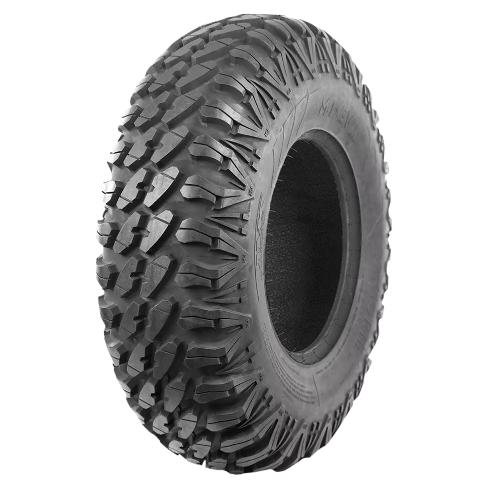 Angled view of the AMS M4 Evil all-terrain 8-ply Radial UTV and SXS tire, designed for high performance machines, featuring a smooth ride and rugged dependability, offered with free shipping from Ride or Die Tire.