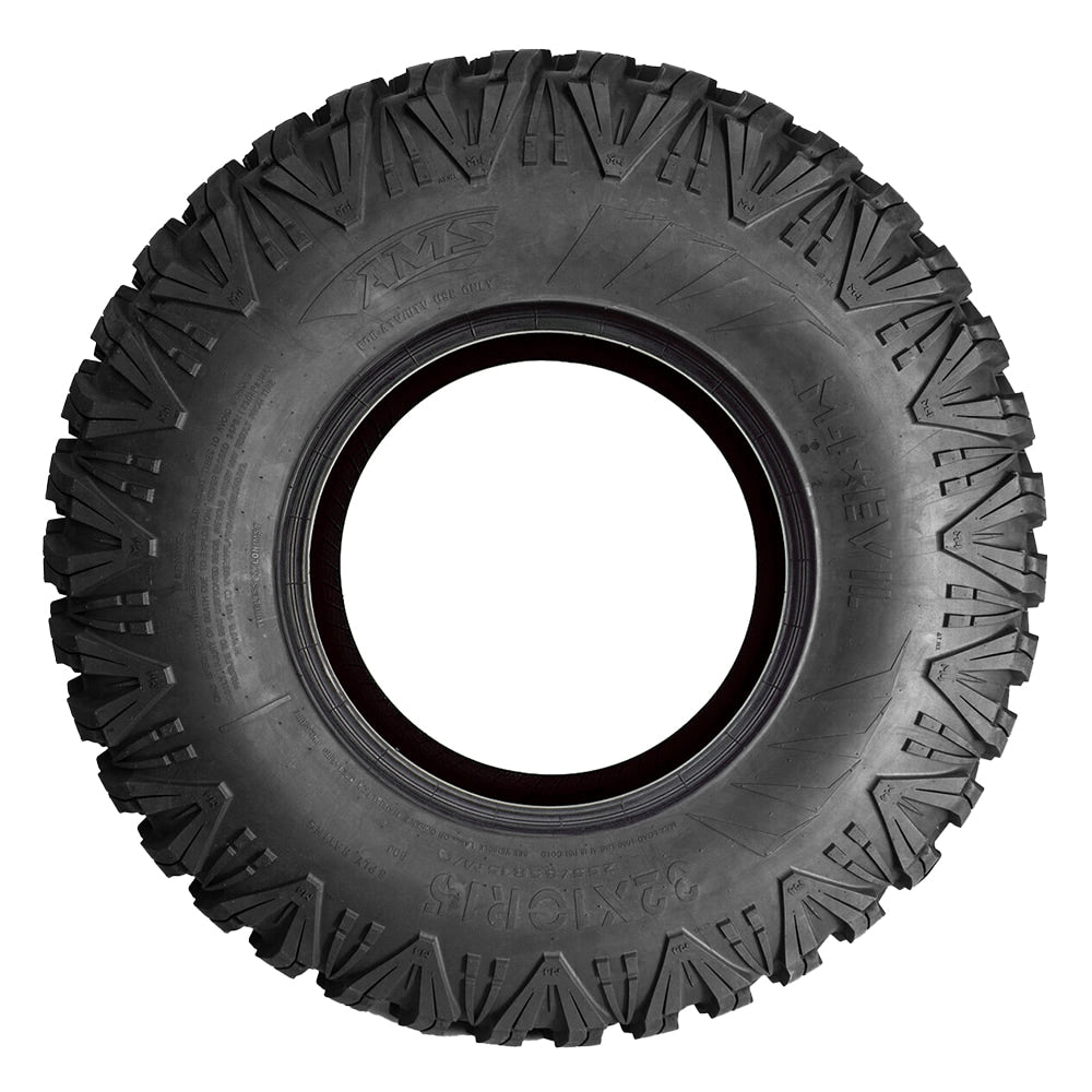 Full sidewall view of the AMS M4 Evil UTV/SXS 8-ply radial all-terrain tire in 32x10r15 size, available with fast and free shipping.