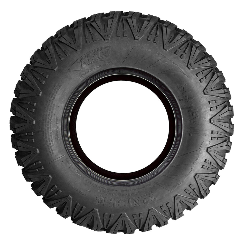 Full sidewall view of the AMS M4 Evil UTV/SXS 8-ply radial all-terrain tire in 32x10r15 size, available with fast and free shipping.