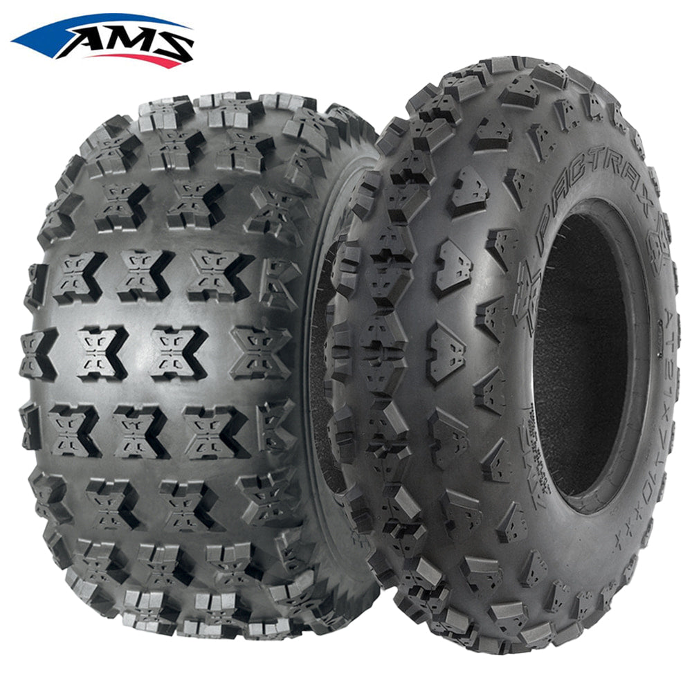 Main product listing photo for the AMS Pactrax lineup of ATV / Quad / 3-Wheeler bias tires for racing, competition, and recreational riding, sold with fast and free shipping by Ride or Die Tire.