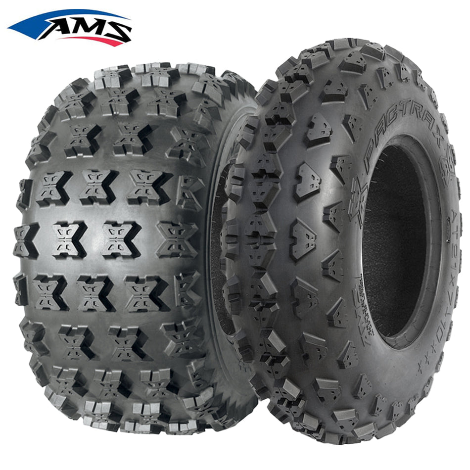 Main product listing photo for the AMS Pactrax lineup of ATV / Quad / 3-Wheeler bias tires for racing, competition, and recreational riding, sold with fast and free shipping by Ride or Die Tire.