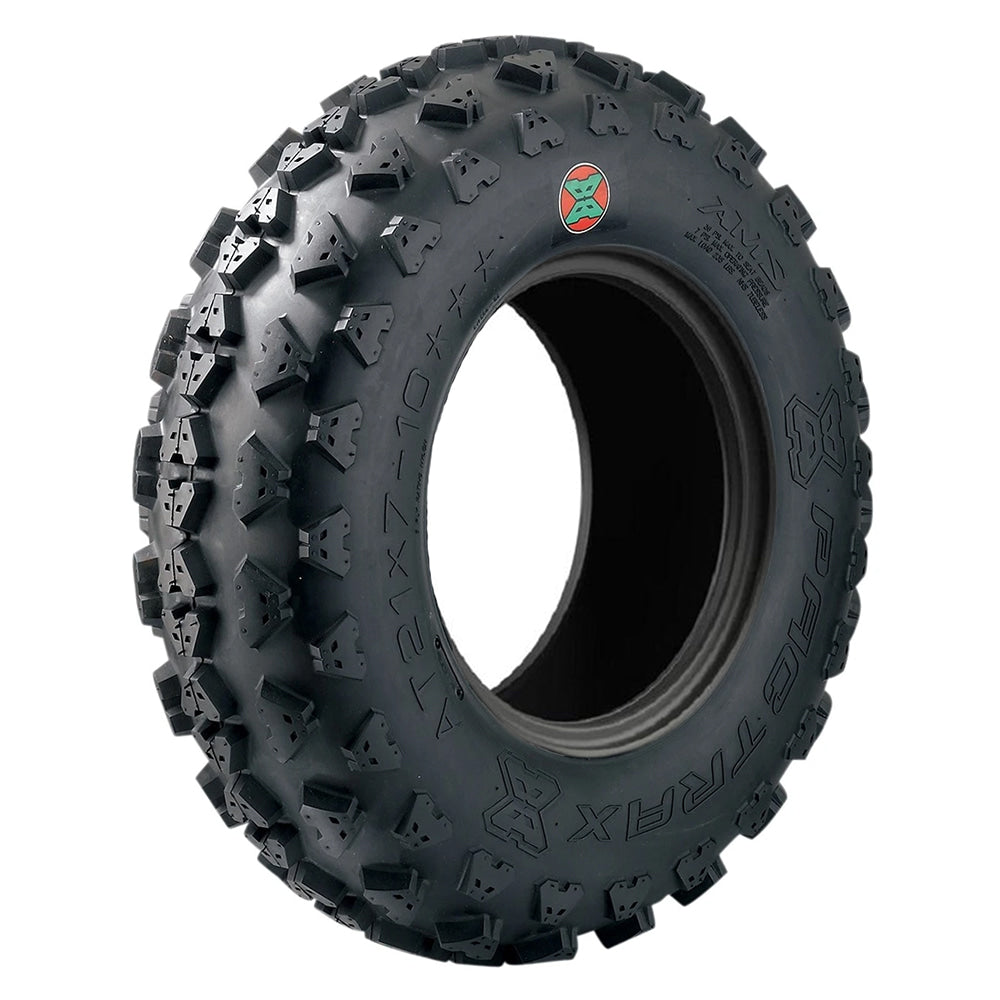 Angled view of high quality tire image of the AMS Pactrax Quad and ATV front tire in 21x7-10 size, manufactured with premium rubber and a high performance design with rugged 4-ply or 6-ply construction depending on size.