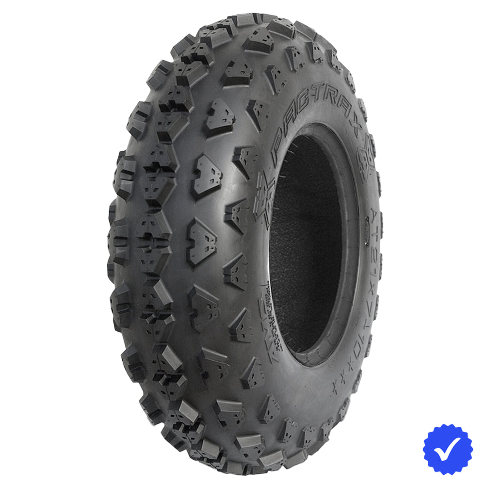 Angled view of the AMS Pactrax ATV and Quad front tire, featuring aggressive knob design and tough bias-ply construction, engineered to track straight at high speeds, offered for sale with free shipping.