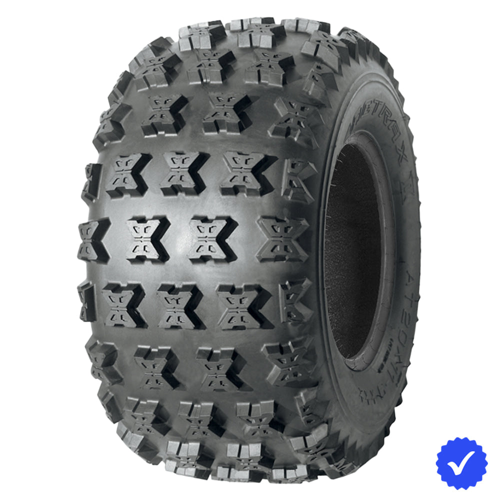 Angled view of the AMS Pactrax II (2) ATV and Quad rear tire, featuring aggressive knob design and tough bias-ply construction, engineered for premium acceleration and stopping power, offered for sale with free shipping either individually or as a pair / set of 2.
