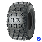 Angled view of the AMS Pactrax II (2) ATV and Quad rear tire, featuring aggressive knob design and tough bias-ply construction, engineered for premium acceleration and stopping power, offered for sale with free shipping either individually or as a pair / set of 2.
