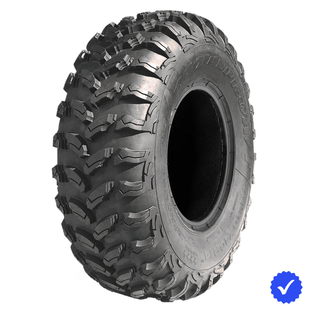 Angled view of the high traction AMS Radial Pro A/T 8-Ply Radial ATV, UTV and SXS tire, manufactured with tough durable sidewalls, and offered in popular 12" and 14" wheel diameters with fast and free shipping by Ride or Die Tire.