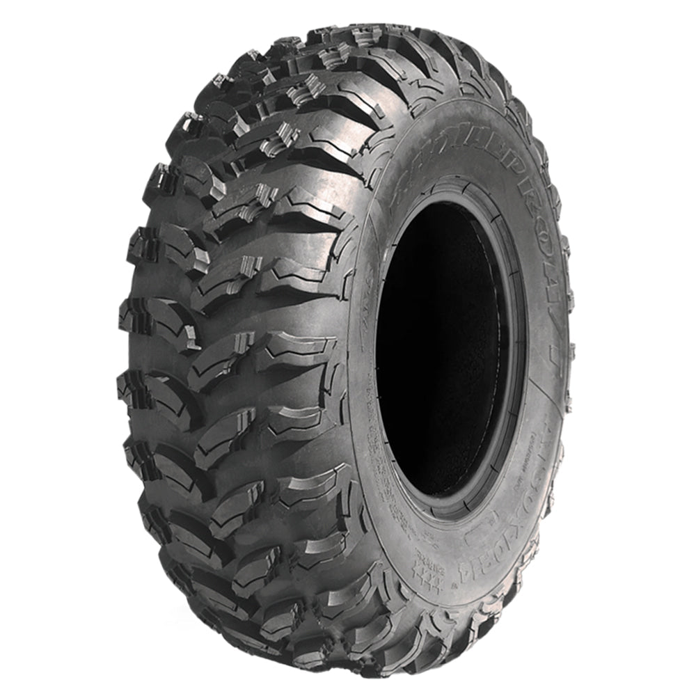Angled view of the high traction AMS Radial Pro A/T 8-Ply Radial ATV, UTV and SXS tire, manufactured with tough durable sidewalls, and offered in popular 12" and 14" wheel diameters with fast and free shipping by Ride or Die Tire.