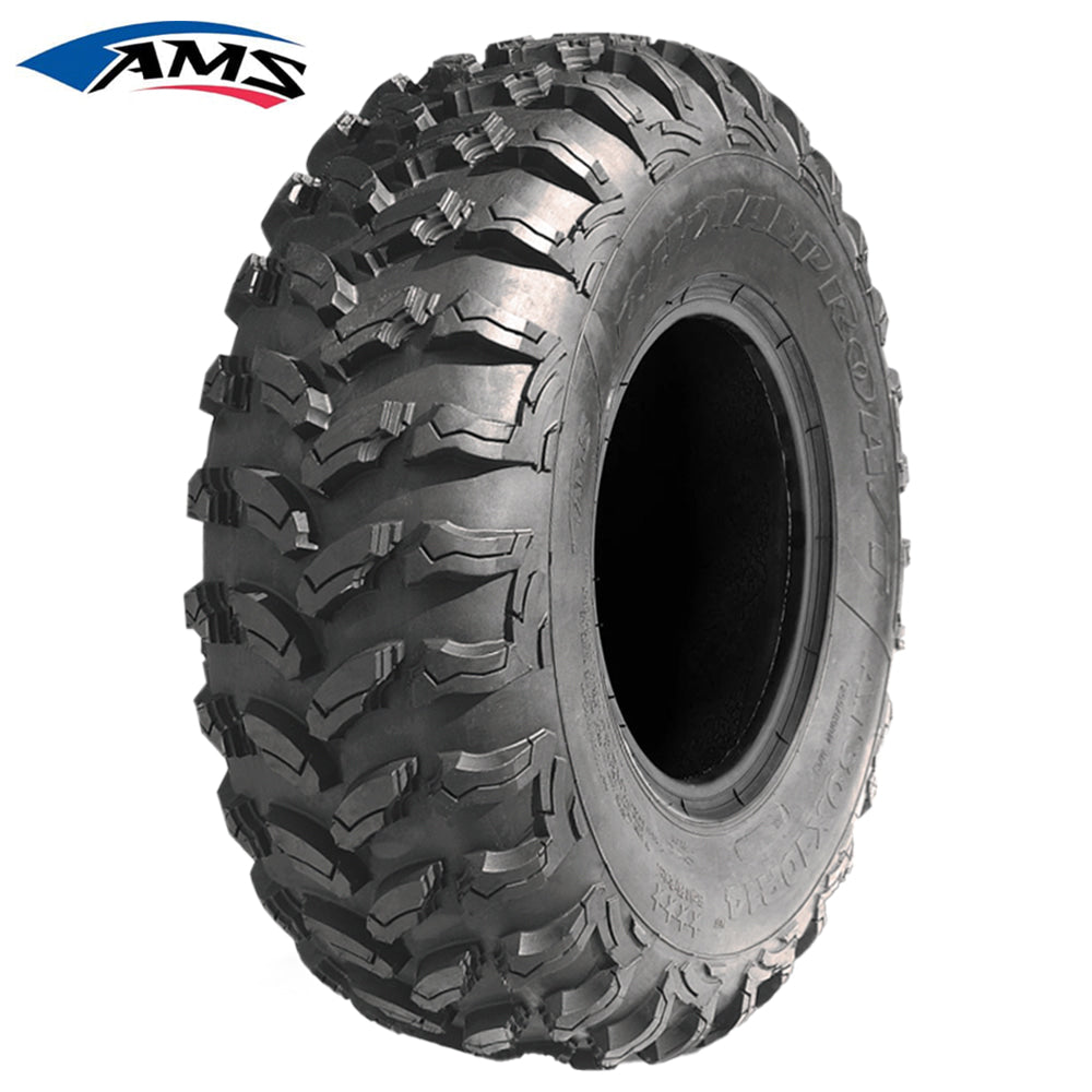 Main product photo of the AMS Radial Pro A/T ATV, UTV, and Side-by-Side All Terrain tire, 8-ply construction, with high traction, reinforced sidewalls, long wearing tread design, available in all popular sizes in 12" and 14" wheel diameters, all offered with free shipping.