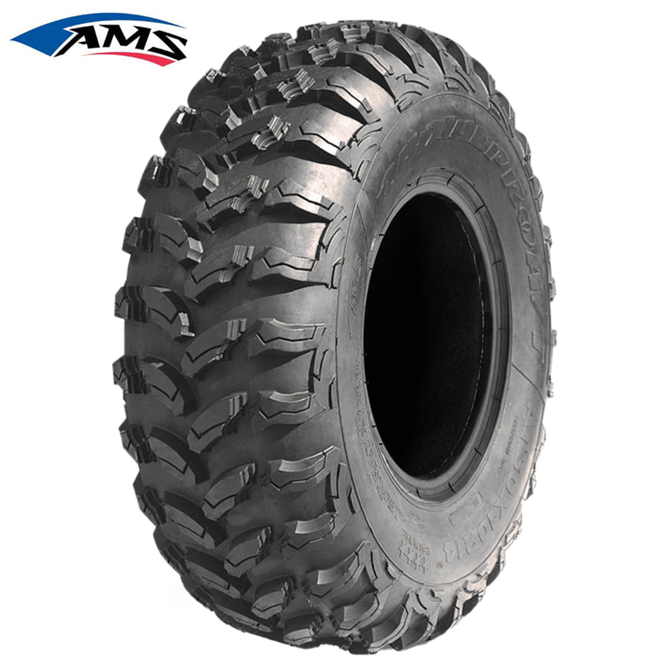 Main product photo of the AMS Radial Pro A/T ATV, UTV, and Side-by-Side All Terrain tire, 8-ply construction, with high traction, reinforced sidewalls, long wearing tread design, available in all popular sizes in 12" and 14" wheel diameters, all offered with free shipping.