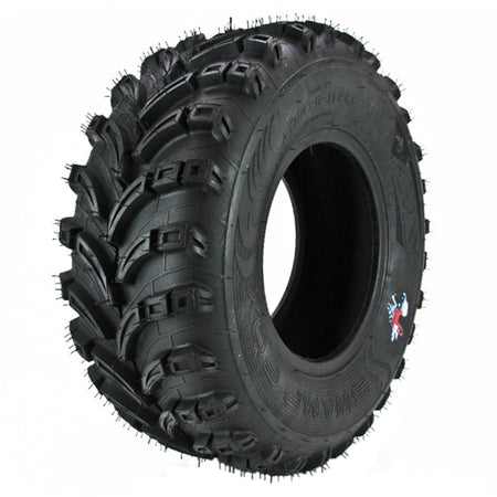 Alternate angled view of the 24x9-11 AMS Swamp Fox ATV all terrain mud tire, featuring angled lugs and textured casing to promote mud and debris cleanout from the tread.