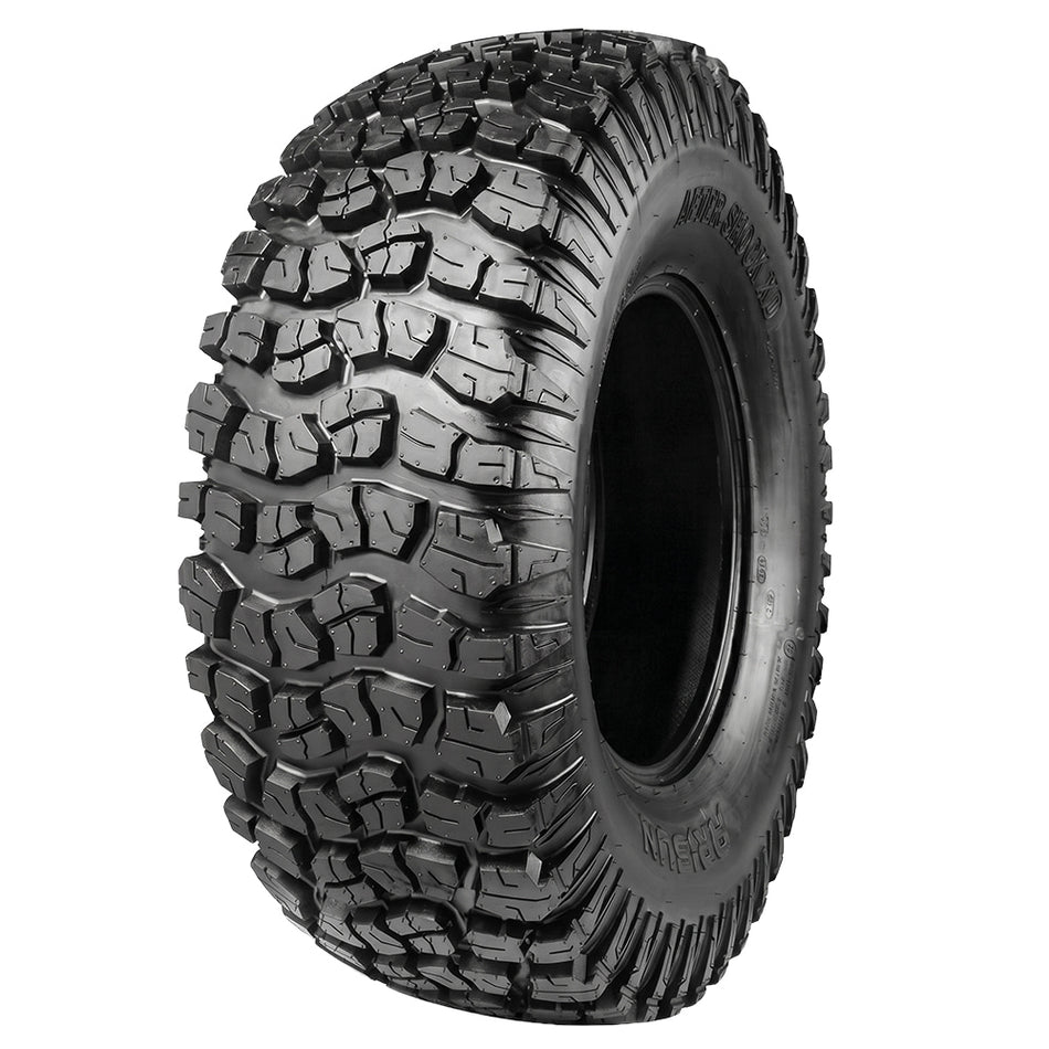 Angled view of the super high value Arisun Aftershock XD AR33 UTV Side by Side 8-ply Radial standard nylon high performance all-terrain tire for general purpose trail, occasional rock and mud, and long wearing tread compound that performs well on pavement and hardpack.