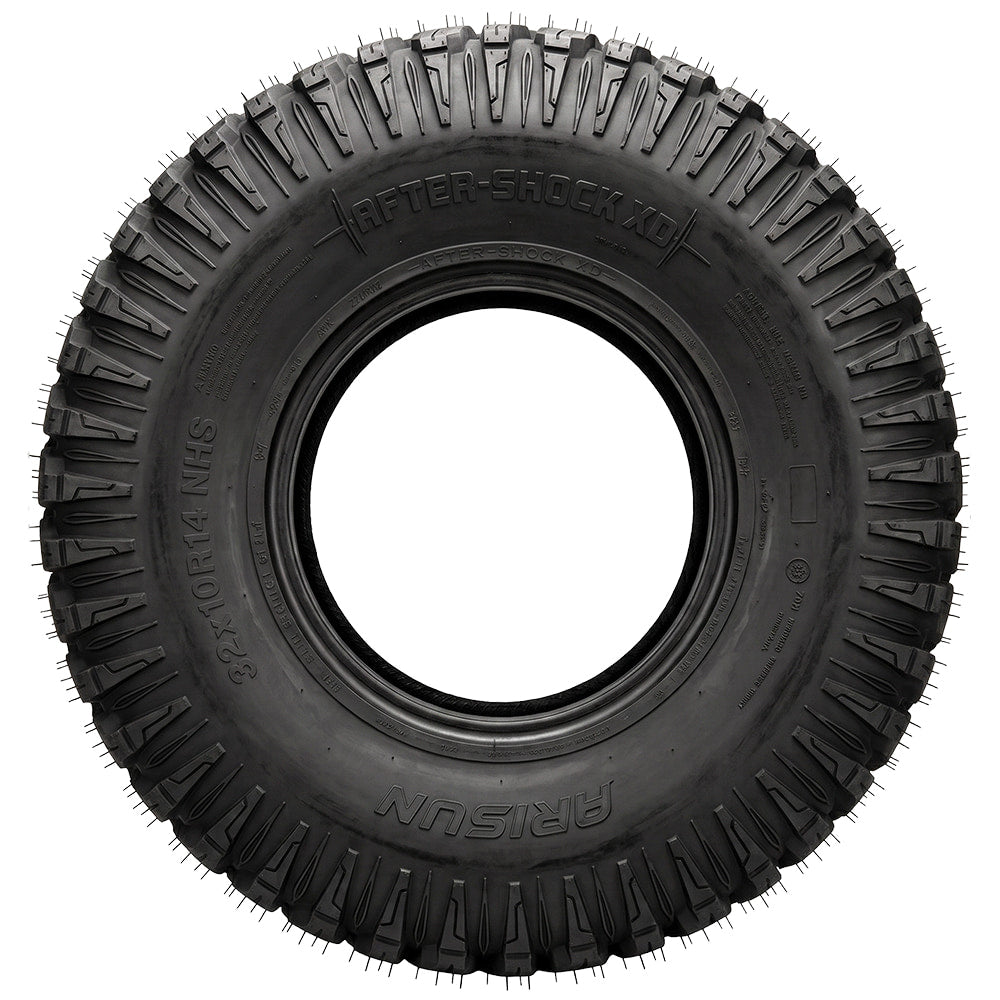 Full sidewall view of theArisun Aftershock XD AR33 UTV Side by Side 8-ply Radial Kevlar-reinforced high performance race and all-terrain tire in popular 14" and 15" sizes, offered with free shipping from Ride or Die Tire.