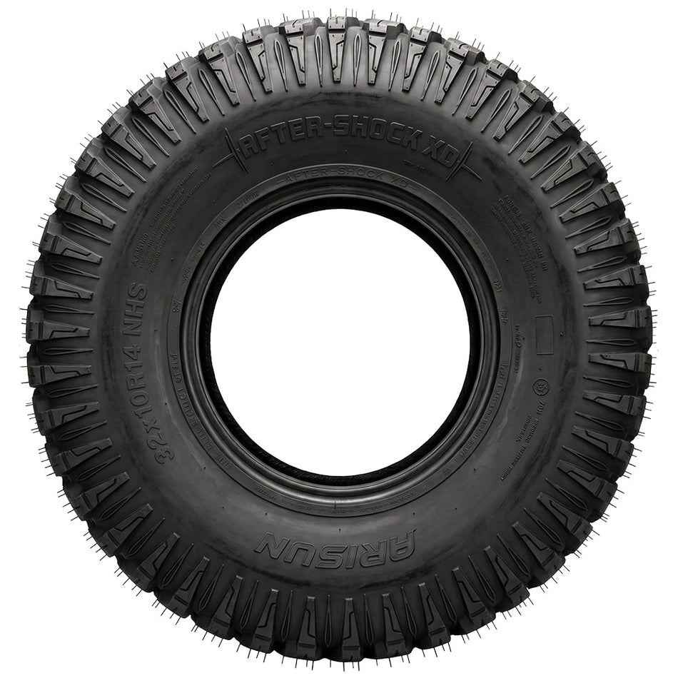Full sidewall view of theArisun Aftershock XD AR33 UTV Side by Side 8-ply Radial Kevlar-reinforced high performance race and all-terrain tire in popular 14" and 15" sizes, offered with free shipping from Ride or Die Tire.
