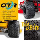 Promotional photo displaying features and benefits of the Armstrong Big Bite lawn and turf tire, including low rolling resistance, angled tread blocks, self cleaning design, and OEM replacement.