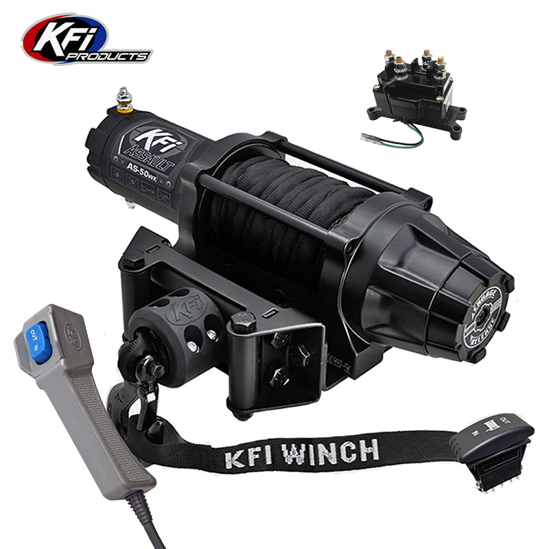 5,000 pound rating KFI AS-50WX wide model UTV, ATV, and SXS winch with 50' synthetic cable, handheld corded remote, heavy duty solenoid, dash mounted rocker switch, and cable stop included, featuring free shipping.