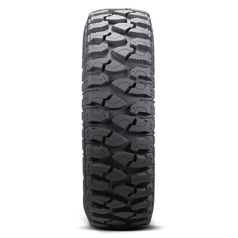 Tread pattern and lug design view of the Trail Blade BOSS SXS tire manufactured by Atturo, showcasing a high traction, high void ratio, serrated tread block edge design for ultimate biting edges, manufactured with premium segmented mold construction.