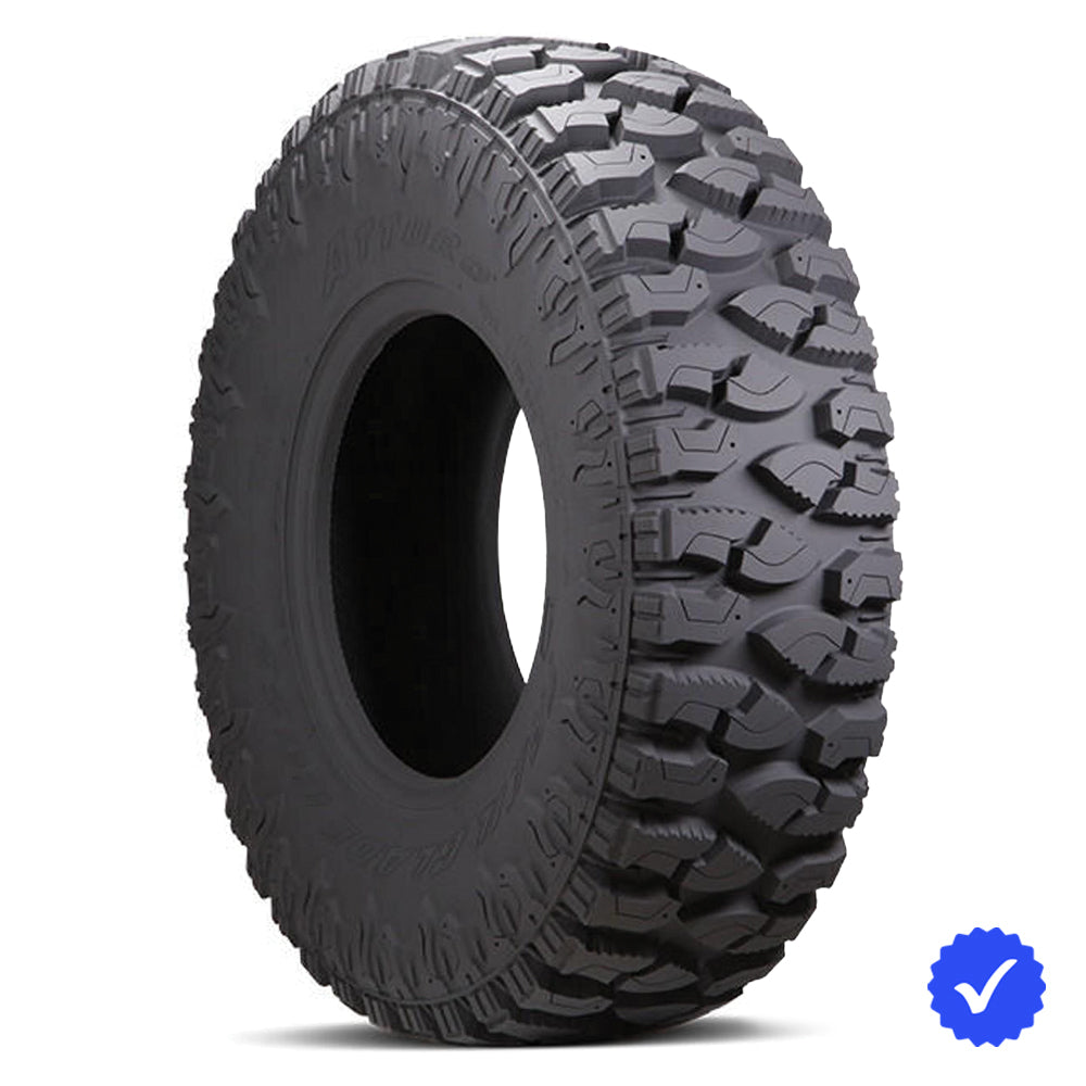 Angled view of the high performance off-road trail and on-road Atturo Trail Blade BOSS SXS tire, engineered with 8-ply Steel Belted Radial SBR construction for smooth and balanced performance while still offering rugged off road capability for UTVs and SXSs, all the wide variety of sizes offered with free shipping.