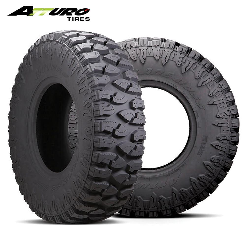 Main product photo of the premium UTV and SXS 8-Ply Steel Belted Radial SBR Atturo Trail Blade Boss SXS tire, manufactured with segmented mold construction and hybrid versatile tread pattern and high speed rating, offered with free shipping by Ride or Die Tire.