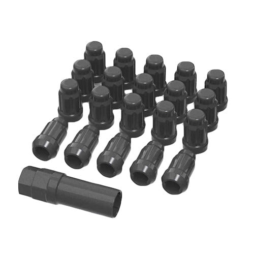 Set of 20 new black lug nuts with splined key for UTV, ATV, and SXS applications in a 12mmx1.5 thread pitche.