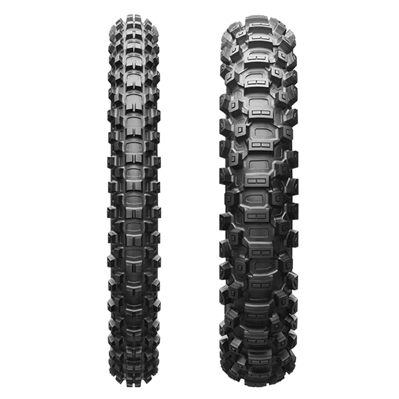 Tread pattern and lug design features of the Battlecross X31 tire, displaying "castle tread", "cooling fins", and "bunker groove" technology.