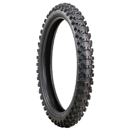 Angled view of the Bridgestone Battlecross X31 adv/dual-sport and off-road motorcycle front tire, designed to be a true intermediate tire to excel in soft and hard terrain, featuring Bunker Groove technology and NHS rated in most popular sizes, sold with fast and free shipping.