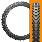 Tread pattern and sidewall view of the Bridgestone Battlecross X31 motorcycle sport, racing, and mx front tire, displaying "castle tread", "cooling fins", and "bunker groove" technology, available with fast and free shipping on all sizes.