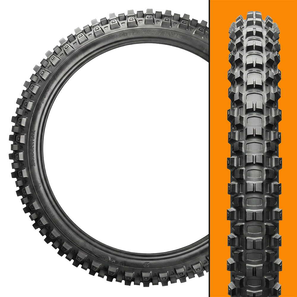 Tread pattern and sidewall view of the Bridgestone Battlecross X31 motorcycle sport, racing, and mx front tire, displaying "castle tread", "cooling fins", and "bunker groove" technology, available with fast and free shipping on all sizes.