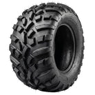 Angled view of the Made in the USA Carlstar AT489 XD Bias 8-ply heavy duty utility cart and UTV tire, showcasing a high traction directional mud and all terrain design in 25x11-12 sizing but available in many sizes, all offered with free shipping.