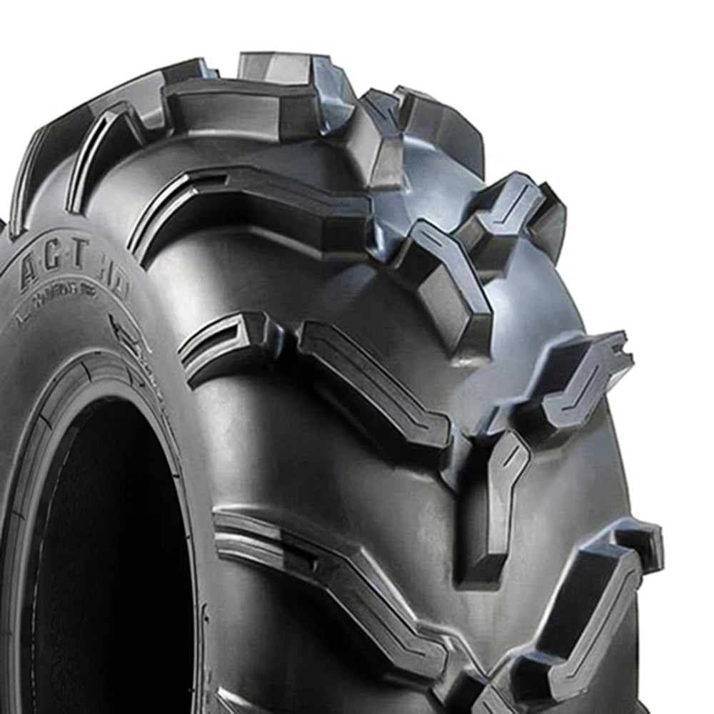 Close up detailed view of the tread pattern and lug design of the Carlisle ACT NHS high quality and Made in the USA ATV/UTV/SXS tire featuring strong sidewalls, radial construction, smooth ride, and elite soft to intermediate traction.