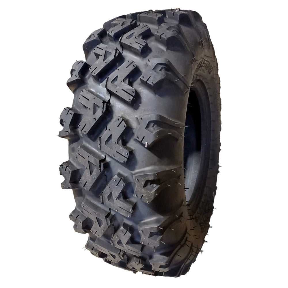 Angled view of the OEM replacement Carlstar PXT2 6-ply UTV tire, common on select Polaris models, and offered with fast and free shipping from Ride or Die Tire.