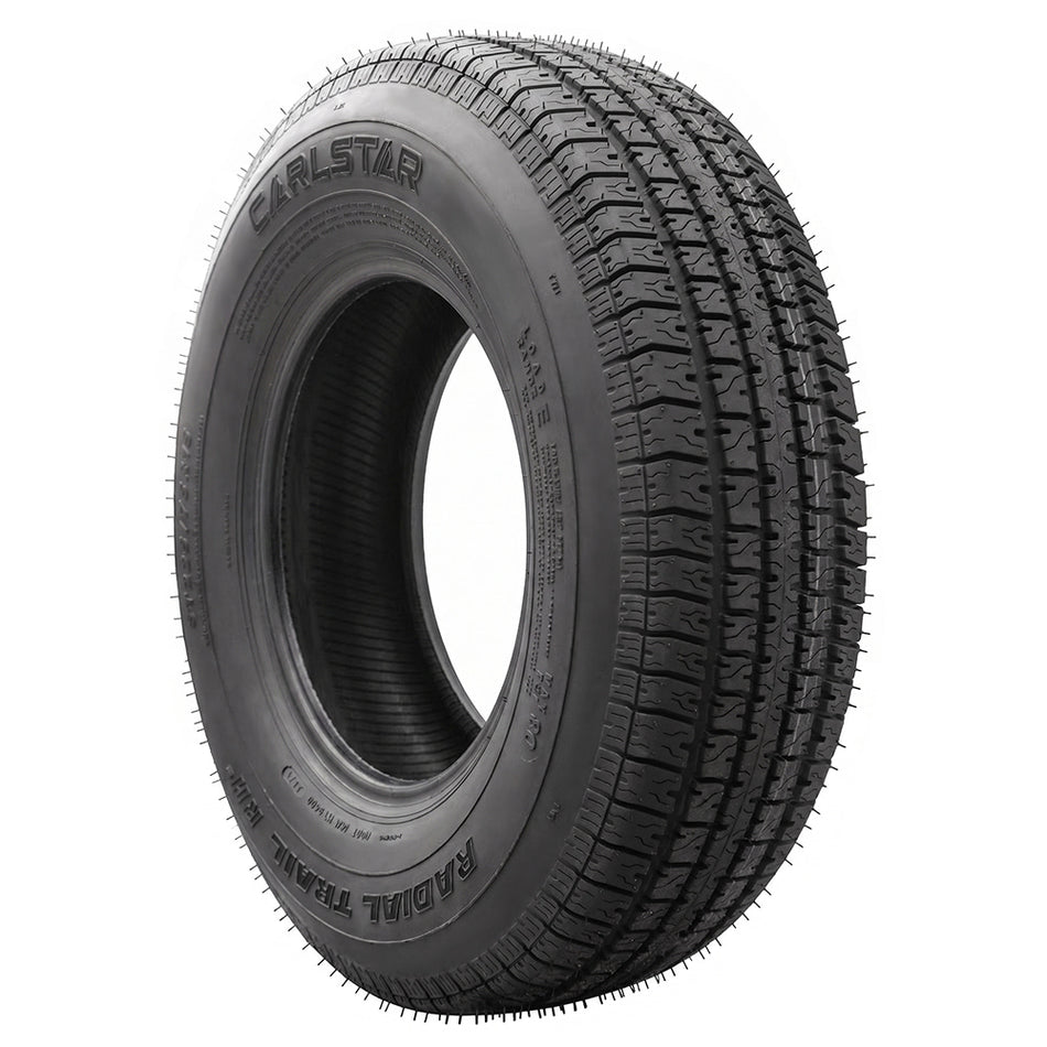 Angled view of the Carlstar (Carlisle) Radial Trail RH2 Load Range E tire in 235/80R16 size, featuring long lasting tread design, 3,520 lb load rating, and fast and free shipping from Ride or Die Tire, Part # 6H22886.