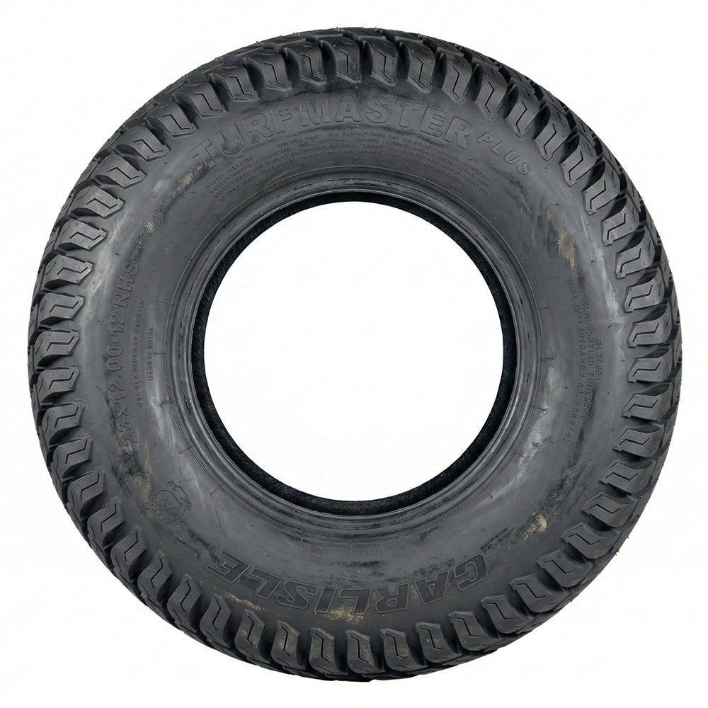 Full sidewall view of the Carlisle Turfmaster lawn and garden turf tire, available in a wide variety of wheels sizes and overall heights, a popular tire for mowers, UTVs, and golf carts, manufactured with bias-ply construction for toughness and economy.