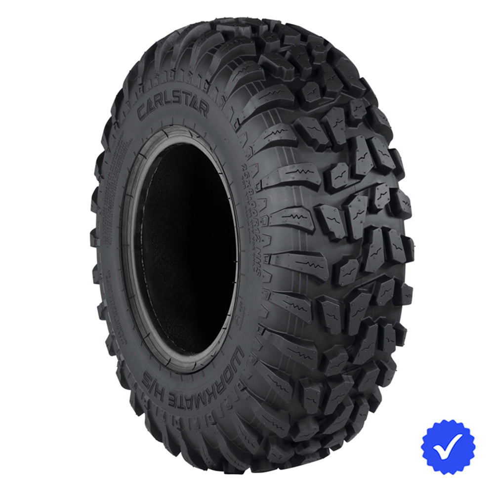 Angled view of the heavy duty Carlisle / Carlstar 8-Ply Radial work and utility tire designed for construction, utility, farm, and trail use, featuring robust Load Range D rating and 50 mph speed rating, all offered with free shipping.
