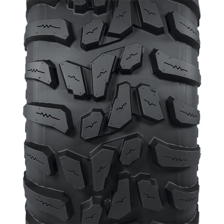 Close up view of the tread pattern and lug design with connecting centerline base block for extended wear and control, featuring block siping for added wet traction, and a high traction all terrain design, great for worksites, hard surfaces, and gravel.