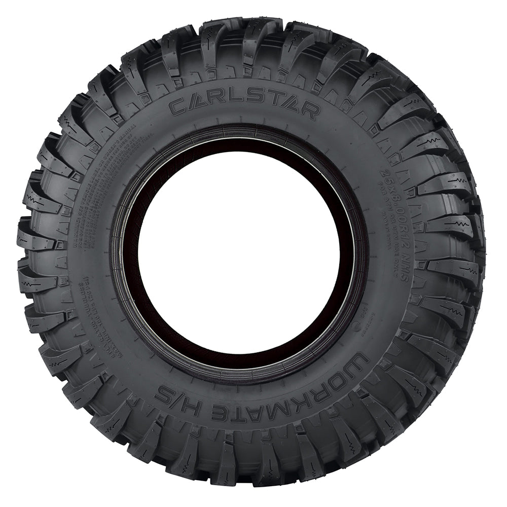Full sidewall view of the Carlstar Workmate H/S radial 8-ply tire in 25x8.00R12 size, displaying the wrap around open shoulder lugs and Carlstar logo.