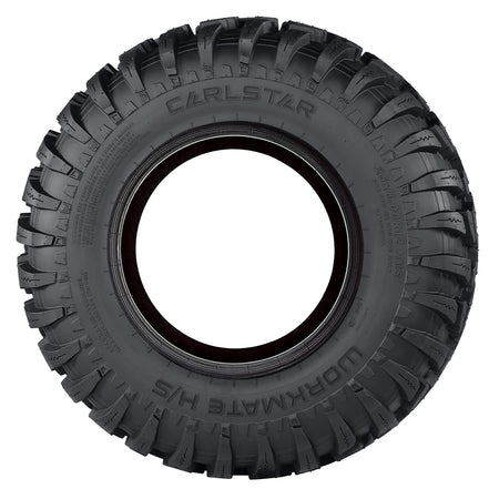 Full sidewall view of the Carlstar Workmate H/S radial 8-ply tire in 25x8.00R12 size, displaying the wrap around open shoulder lugs and Carlstar logo.