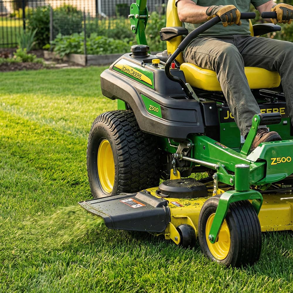 The Carlstar Multi Trac CS lawn and garden tire mounted on a John Deere ZTR mower, cutting grass in a beautifully manicured lawn, showcasing the minimal damage to the yard and great traction capabilities.