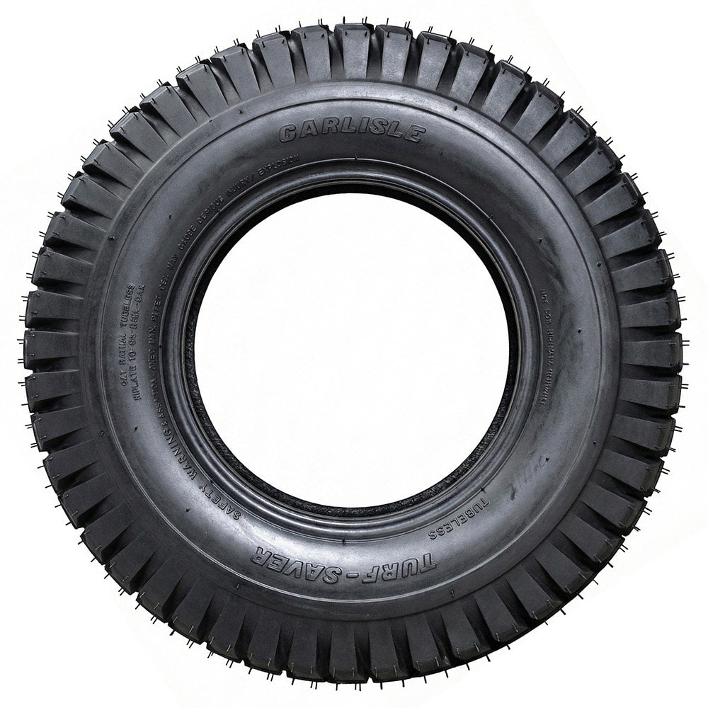 Full sidewall view of the Carlstar Turf Saver lawn and garden tire, manufactured with tubeless design and NHS rated for off-road use only, available in 2-ply, 4-ply, or 6-ply construction.