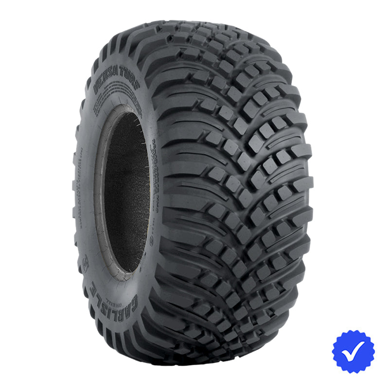 Angled view of the Carlisle Versa Turf lawn-friendly UTV and ZTR lawn and turf 4-ply or 6-ply radial tire, available in popular 10" and 12" rim sizes, featuring steel belted radial construction and high load rating, offered with free shipping.