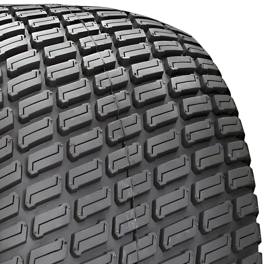 Close up detailed view of the tread pattern and tread blocks on the Carlstar Turf Master line of lawn, garden, and ZTR tires, featuring a classic turf design with block siping and a durable tread compound, a perfect Zero Turn tire to protect yards and lawns.