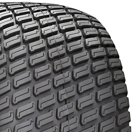 Close up detailed view of the tread pattern and tread blocks on the Carlstar Turf Master line of lawn, garden, and ZTR tires, featuring a classic turf design with block siping and a durable tread compound, a perfect Zero Turn tire to protect yards and lawns.
