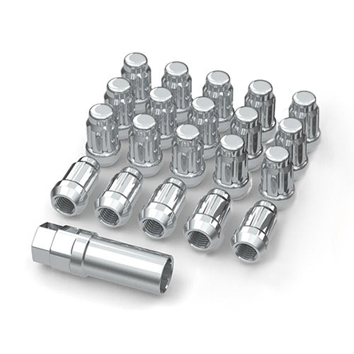 Set of 20 new chrome lug nuts with splined key for UTV, ATV, and SXS applications in a 12mmx1.5 thread pitch.