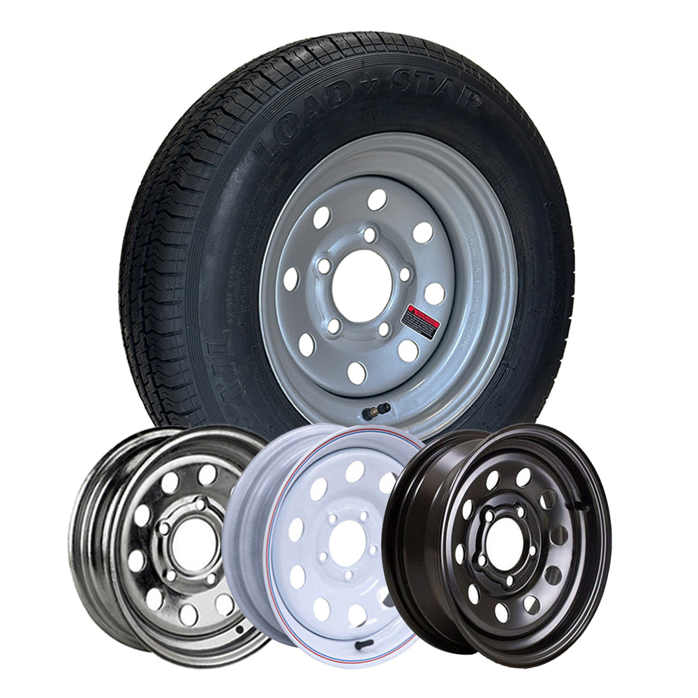 12" Kenda trailer rim and tire combo with 145R12 S-Trail Radial Load Range D tire mounted on silver, galvanized, white, or black steel negative offset wheels.