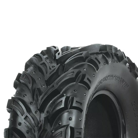 Detailed view of the checkmark design tread pattern on the Deestone D936 Mud Crusher 6-ply ATV mud and all-terrain tire, showcasing the deep tread, mud and stone ejectors, and pocketed lugs.