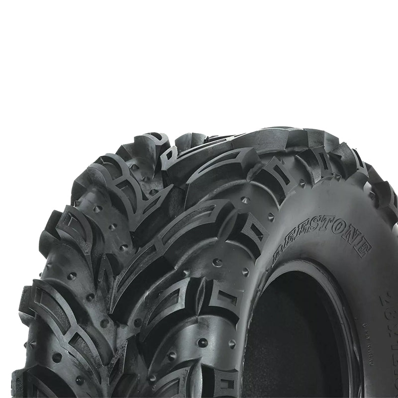 Detailed view of the checkmark design tread pattern on the Deestone D936 Mud Crusher 6-ply ATV mud and all-terrain tire, showcasing the deep tread, mud and stone ejectors, and pocketed lugs.