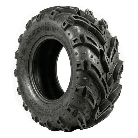 Angled view of the affordable, durable, and high traction 6-Ply Nylon Bias construction Deestone D936 Mud Crusher ATV, and Quad tire, available in 10", 11", and 12" rim sizes, sold with fast and free shipping.